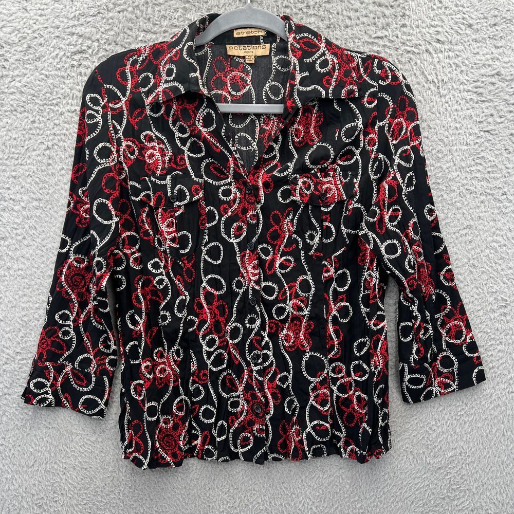 90s Indie Grunge Cyber Black Red Chain Print Button Down Blouse 3/4 Sleeve Top M
